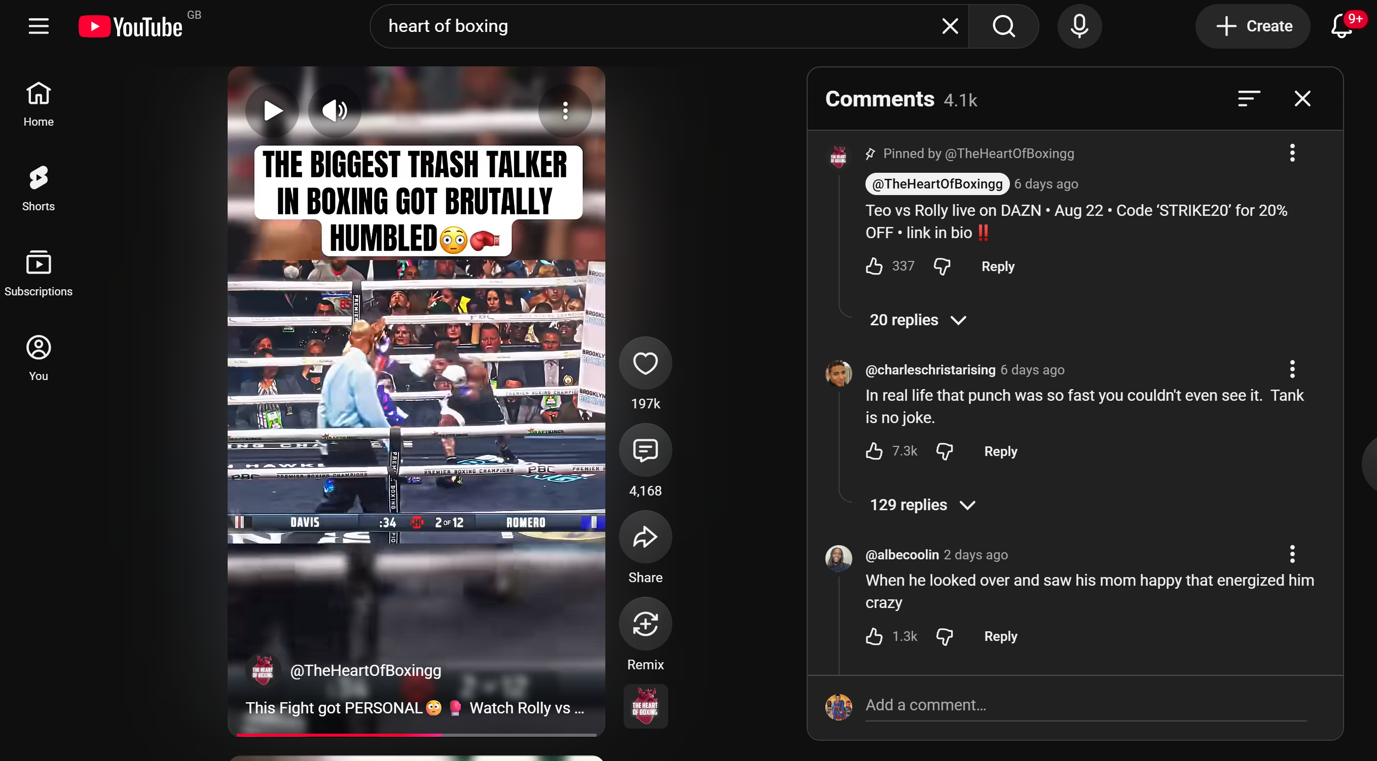 Pinned comment on the 5.3M short: Teo vs Rolly live on DAZN, Aug 22, code STRIKE20 for 20 percent off, link in bio, with 197K likes and 4,100 plus comments visible