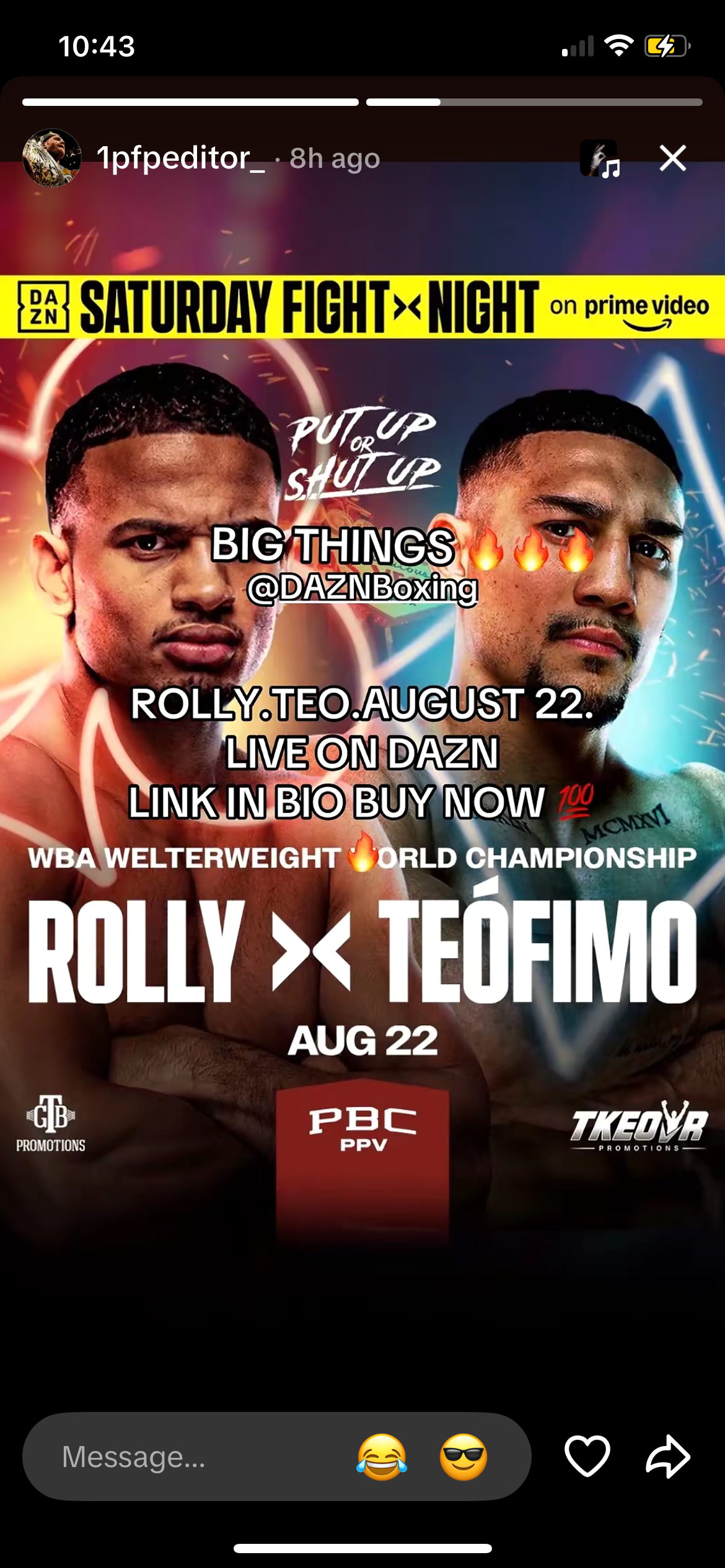 1pfpeditor_ Instagram story: official Rolly vs Teofimo poster, live on DAZN, link in bio buy now