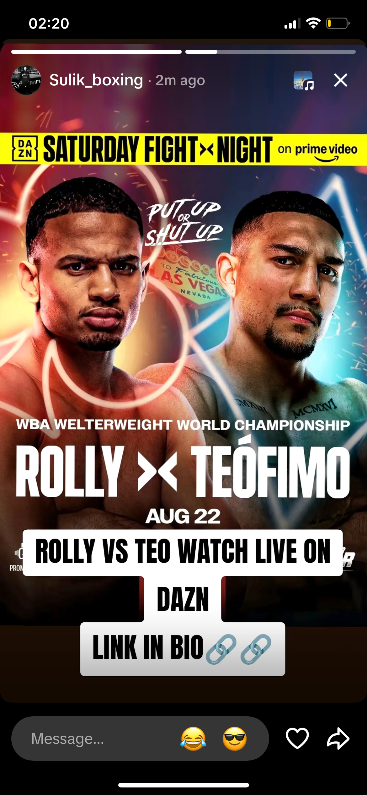 Sulik_boxing Instagram story: Rolly vs Teo watch live on DAZN, link in bio